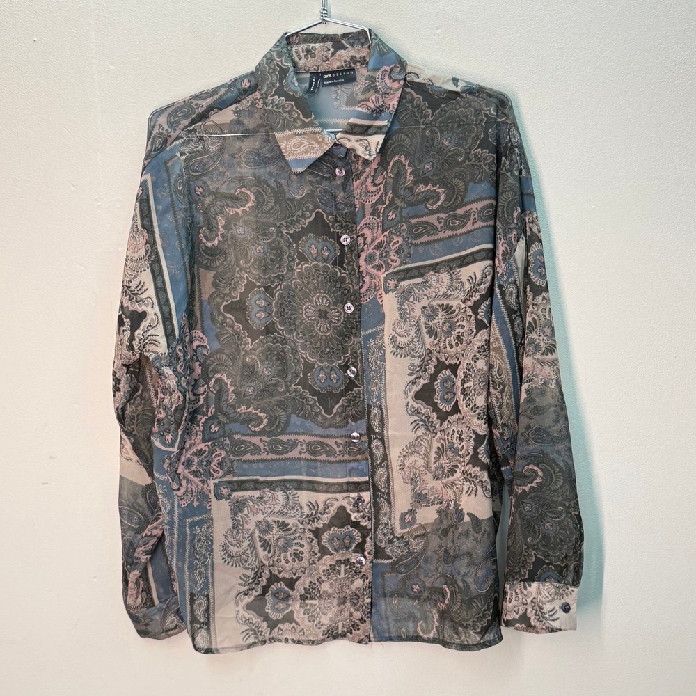 ASOS Design Sheer Paisley Print Long Sleeve Button Down‎ Blouse Top